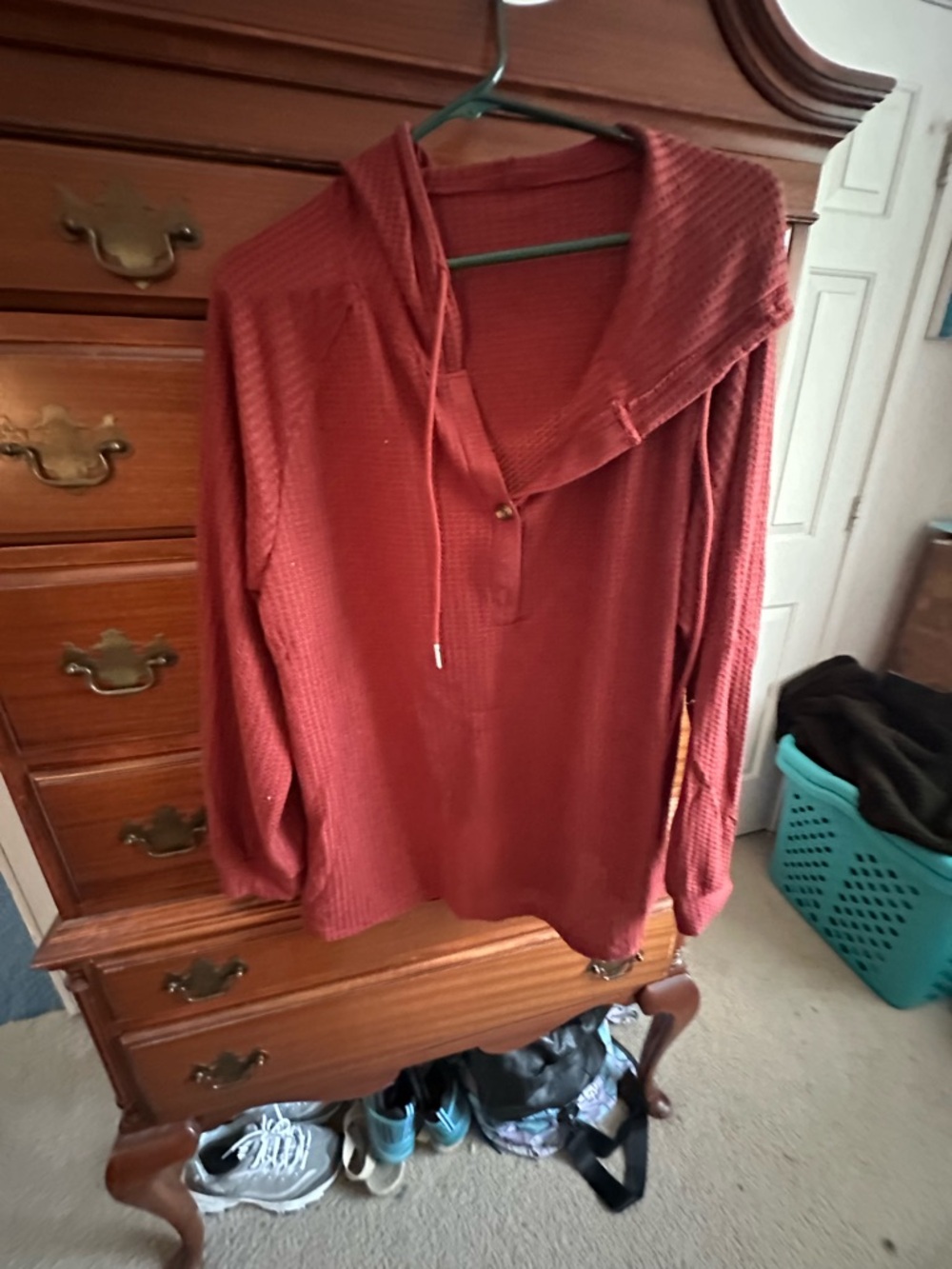 Waffle-Knit Hooded Pullover Top in Rust